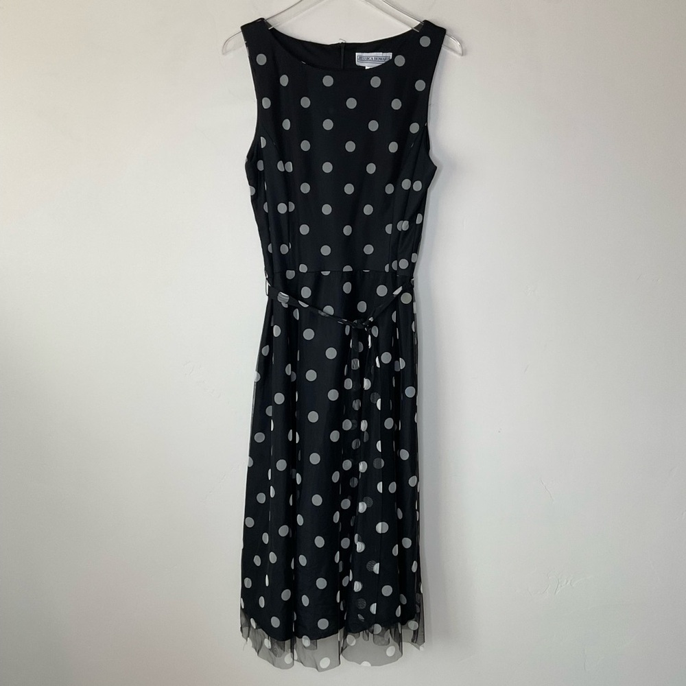 Vintage Mesh Polka Dot Tulle Overlay Midi Dress Retro Rockabilly Size 16